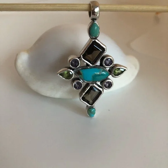 Turquoise Amethyst Peridot Topaz Sterling Silver Pendant - Picture 9 of 11